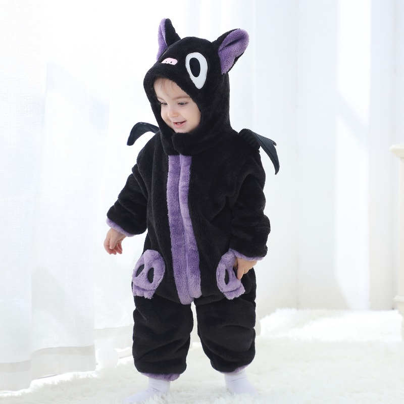 Cotton Baby Onesies Zipper - 新生児用黒紫猫柄ロンパース フード付きボディスーツ 動物ジャンプスーツ オンジー 幼児用暖かいフリースプラッシュ冬用プレイスーツ