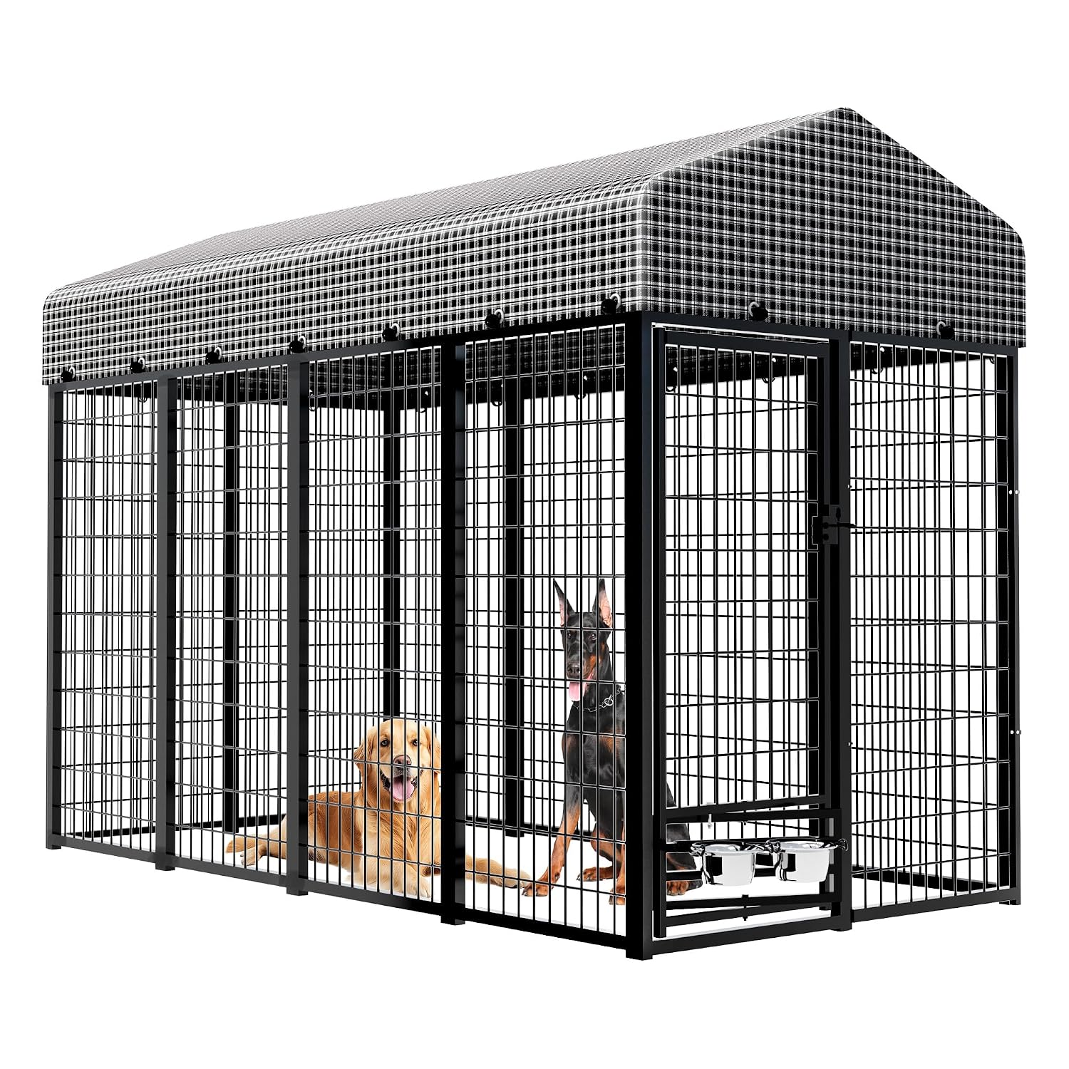 Feeding - 屋根付きの頑丈な犬用ケージ。屋外用で、取り外し可能なカバー、遊び場、ラッチロック、給餌用のドア付き。サイズは4x8x6フィート。カスタマイズ可能。