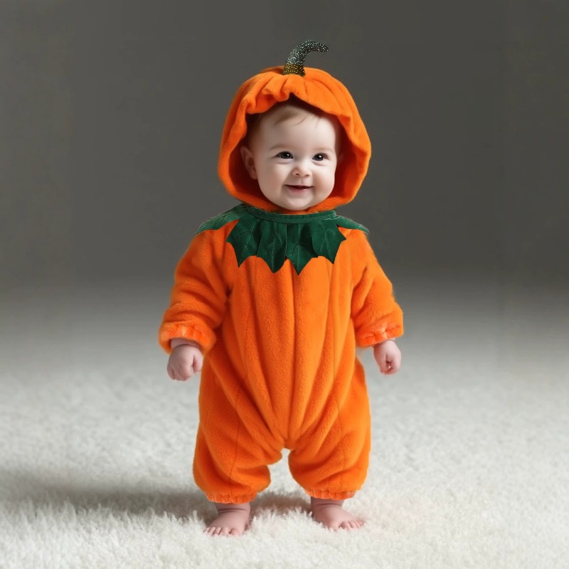 Cotton Baby Onesies Zipper - 新生児用パンプキンロンパース フード付きボディスーツ ハロウィンコスチューム ジャンプスーツ ワンピース 幼児用暖かいプラッシュ冬用プレイスーツ