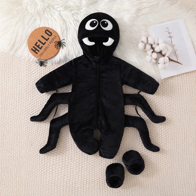 Cotton Baby Onesies Zipper - 新生児用ブラックスパイダーロンパース 長袖フード付きボディスーツ 漫画風アニマル着ぐるみ 幼児用ハロウィンコスチュームジャンプスーツ