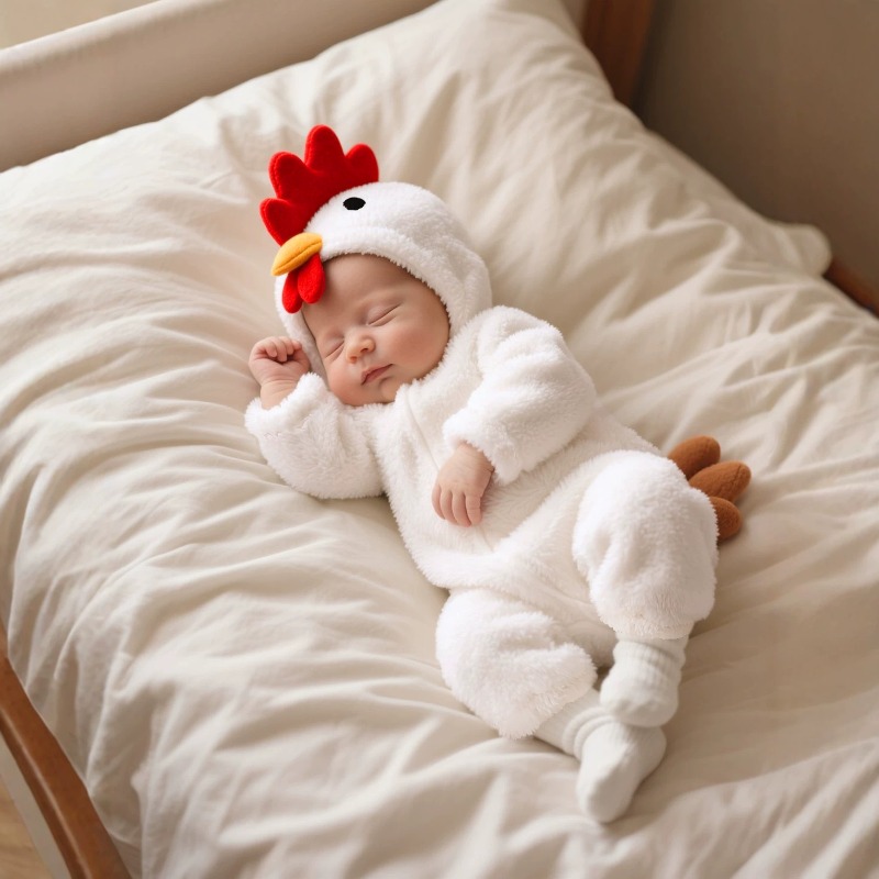 新生児用ホワイトチキン柄ロンパース フード付きボディスーツ  - Cotton Baby Onesies Zipper のレビューと価格