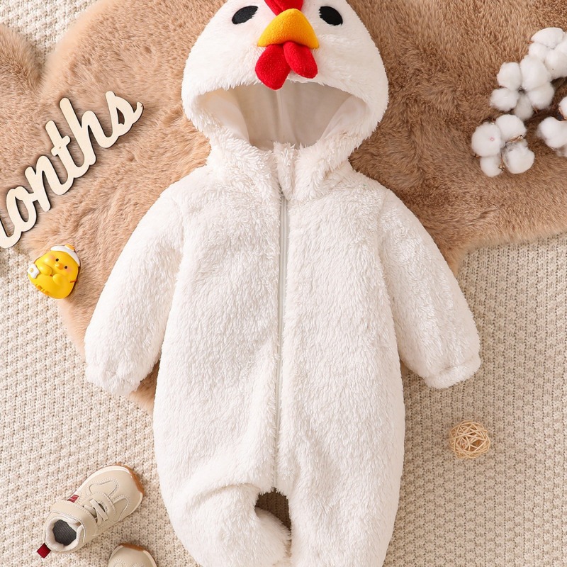 新生児用ホワイトチキン柄ロンパース フード付きボディスーツ  - Cotton Baby Onesies Zipper のレビューと価格