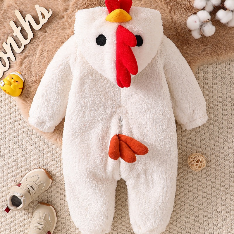 新生児用ホワイトチキン柄ロンパース フード付きボディスーツ  - Cotton Baby Onesies Zipper のレビューと価格