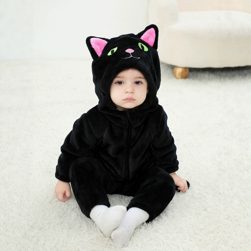 新生児用ブラックピンク猫柄ロンパース フード付きボディスーツ - Cotton Baby Onesies Zipper のレビューと価格