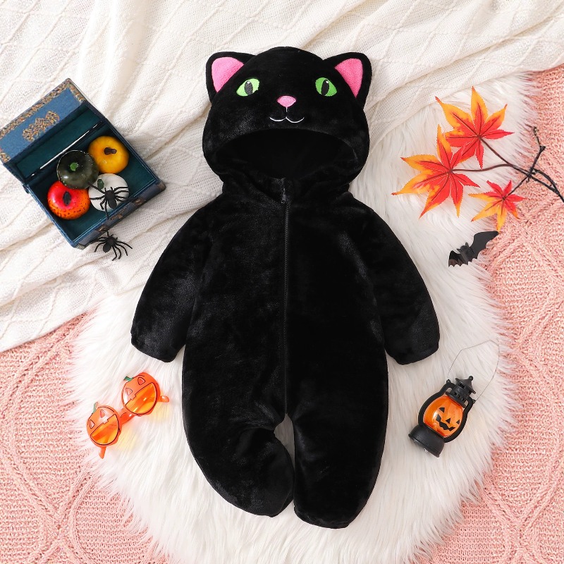 新生児用ブラックピンク猫柄ロンパース フード付きボディスーツ - Cotton Baby Onesies Zipper のレビューと価格