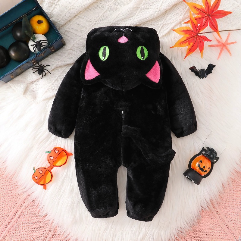 新生児用ブラックピンク猫柄ロンパース フード付きボディスーツ - Cotton Baby Onesies Zipper のレビューと価格