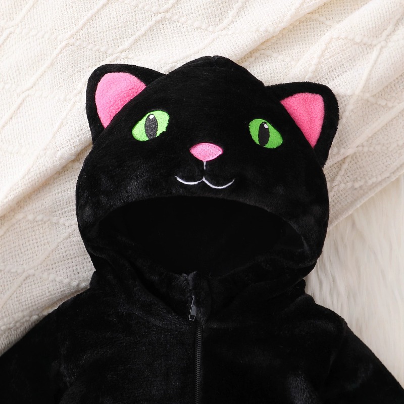 新生児用ブラックピンク猫柄ロンパース フード付きボディスーツ - Cotton Baby Onesies Zipper のレビューと価格