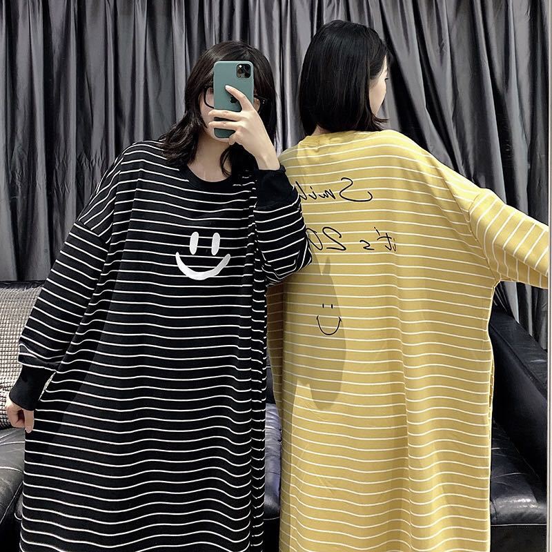 ストライププラスサイズパジャマ女性秋韓国長袖ルーズホームドレ - Maternity Wear のレビューと価格