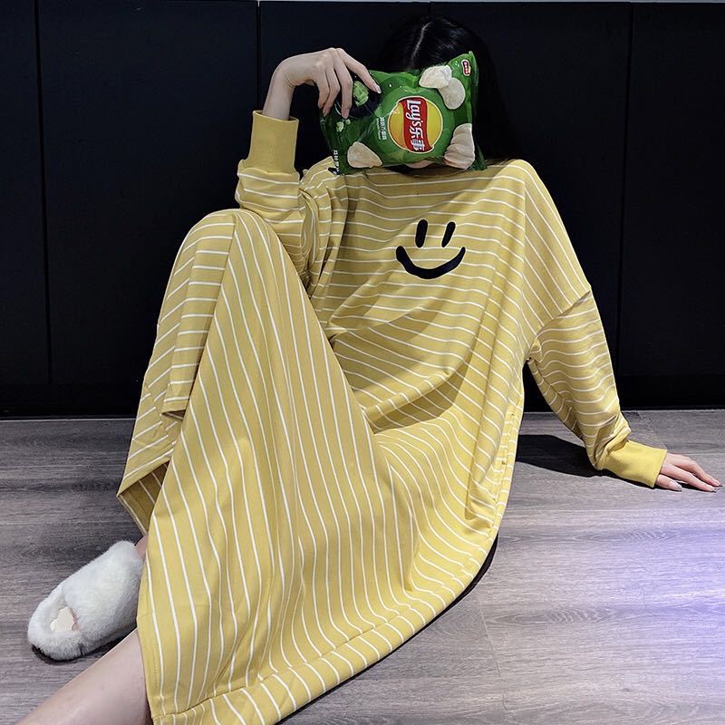 ストライププラスサイズパジャマ女性秋韓国長袖ルーズホームドレ - Maternity Wear のレビューと価格