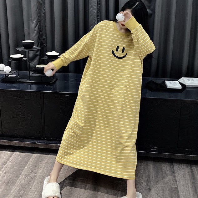 ストライププラスサイズパジャマ女性秋韓国長袖ルーズホームドレ - Maternity Wear のレビューと価格