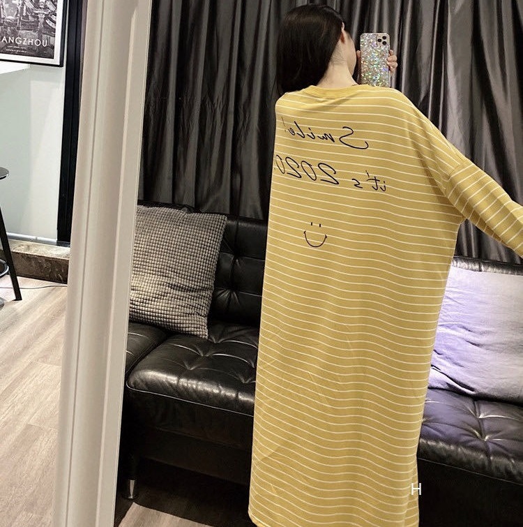ストライププラスサイズパジャマ女性秋韓国長袖ルーズホームドレ - Maternity Wear のレビューと価格